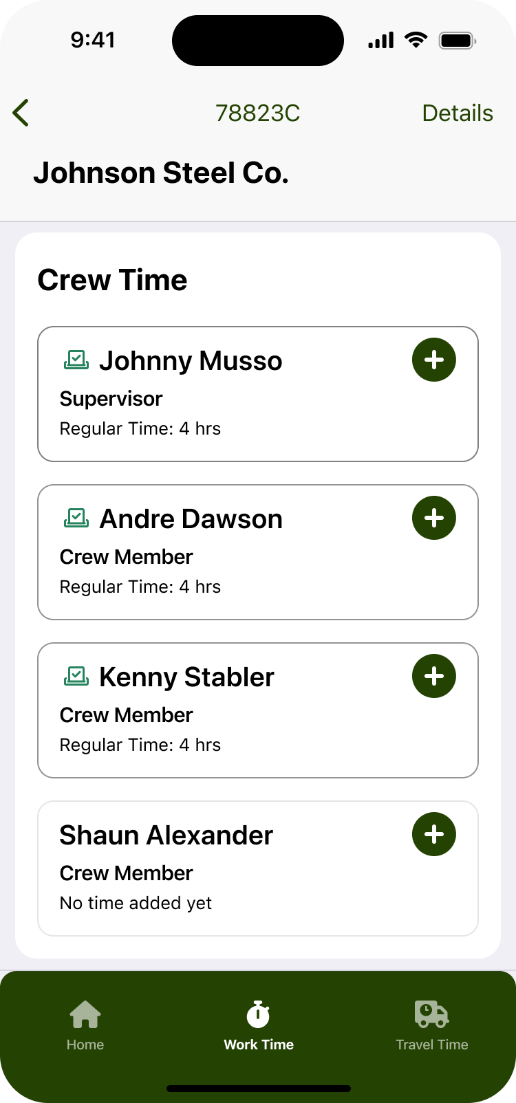 crewOS Industrial Field Service Management Time Tracking Feature Screenshot