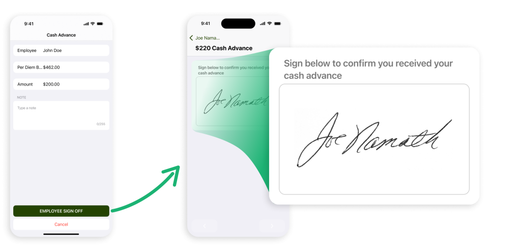 crewOS Industrial Field Service Management App cash advance feature