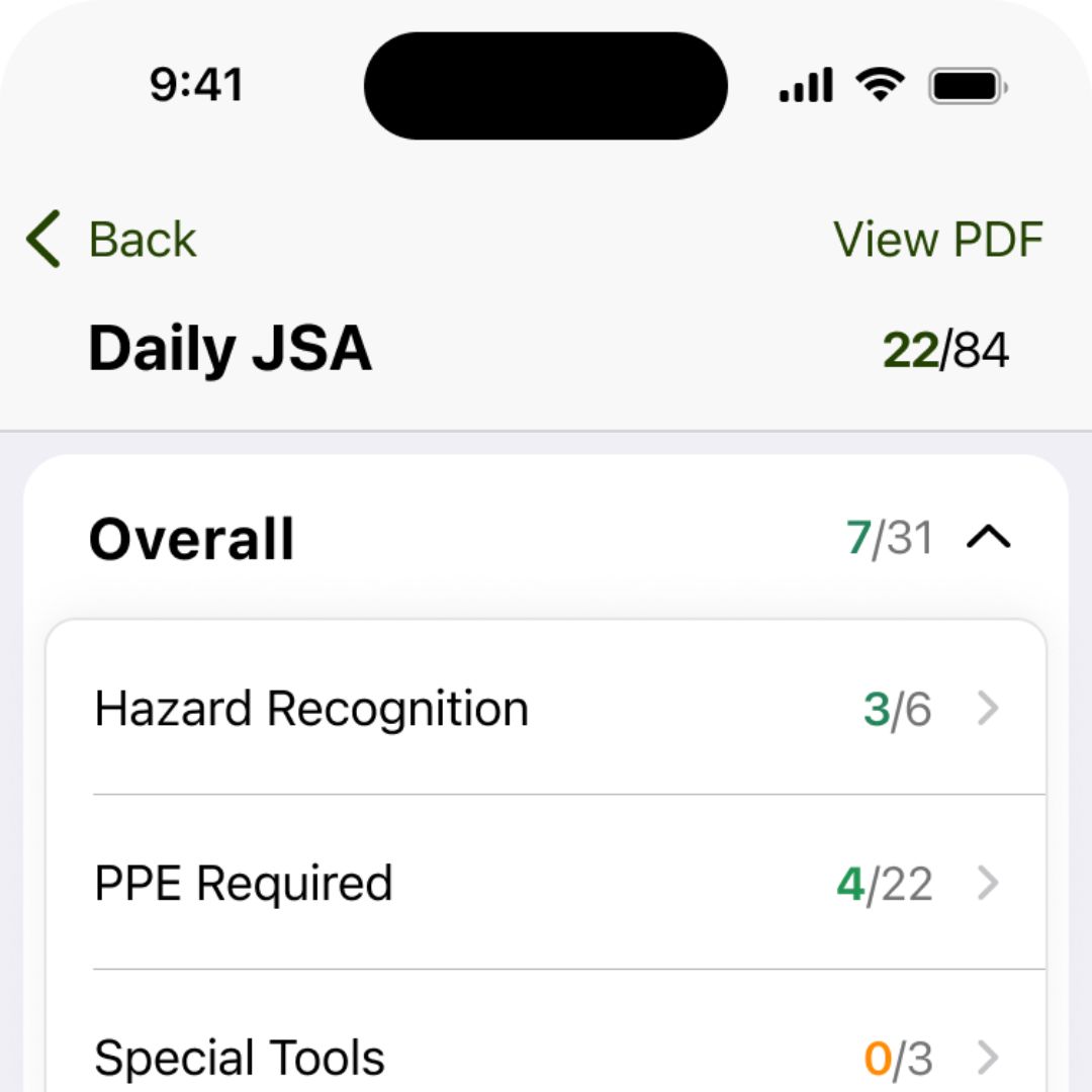 crewOS Industrial Field Service Management JSA Report Feature Screenshot