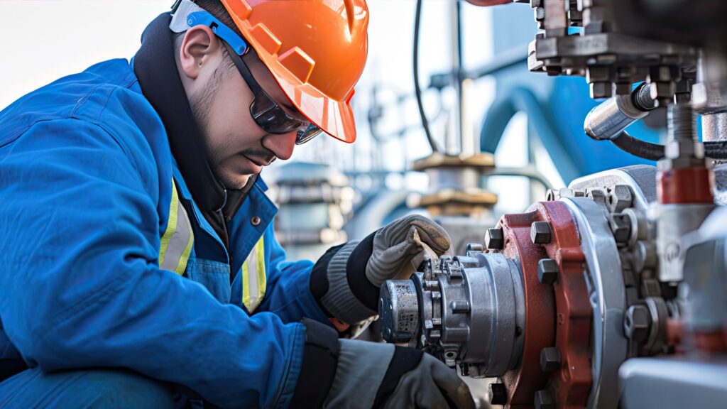 Man in service division with orange hard hat working on industrial equipment