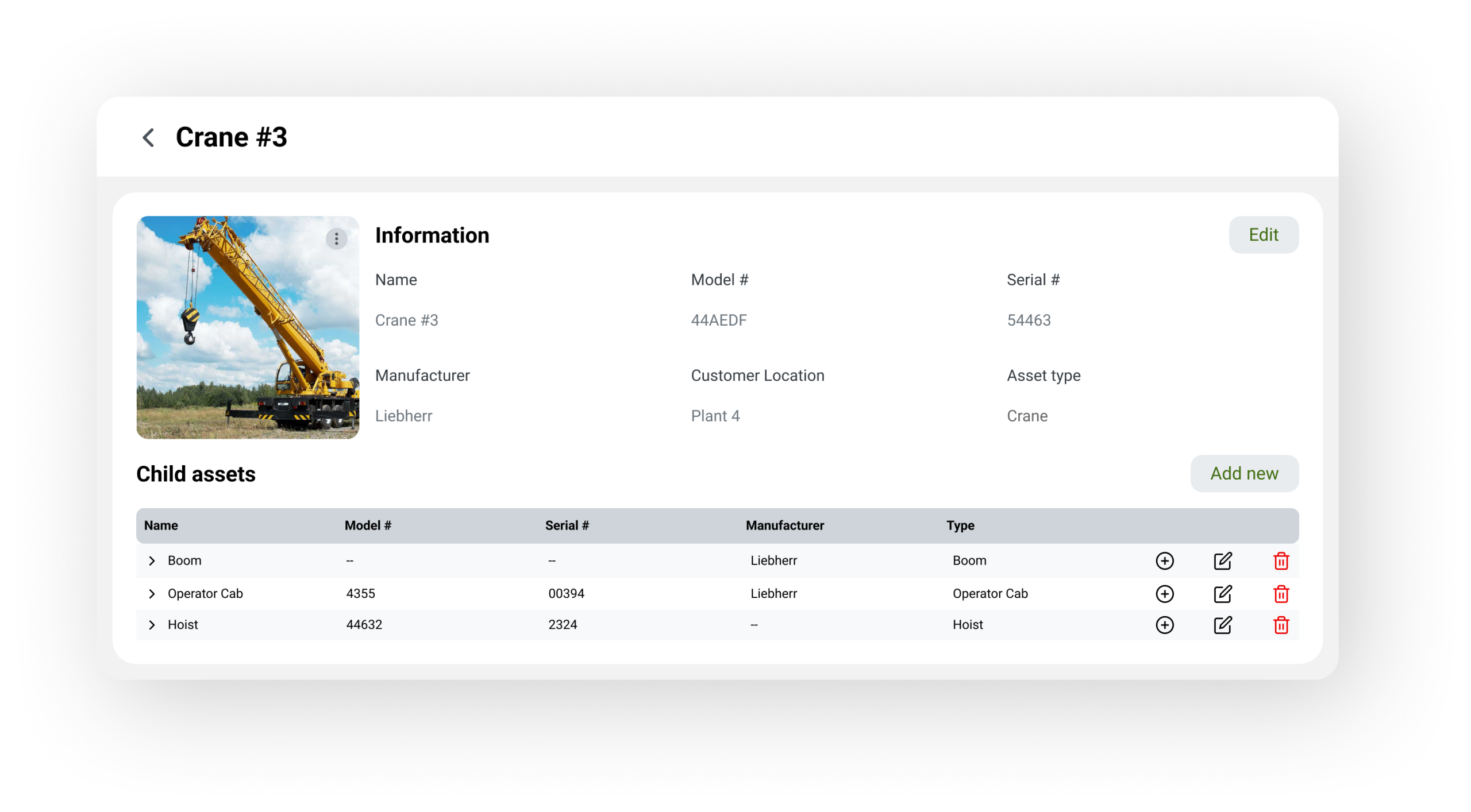 crewos industrial field service asset management with parent child details