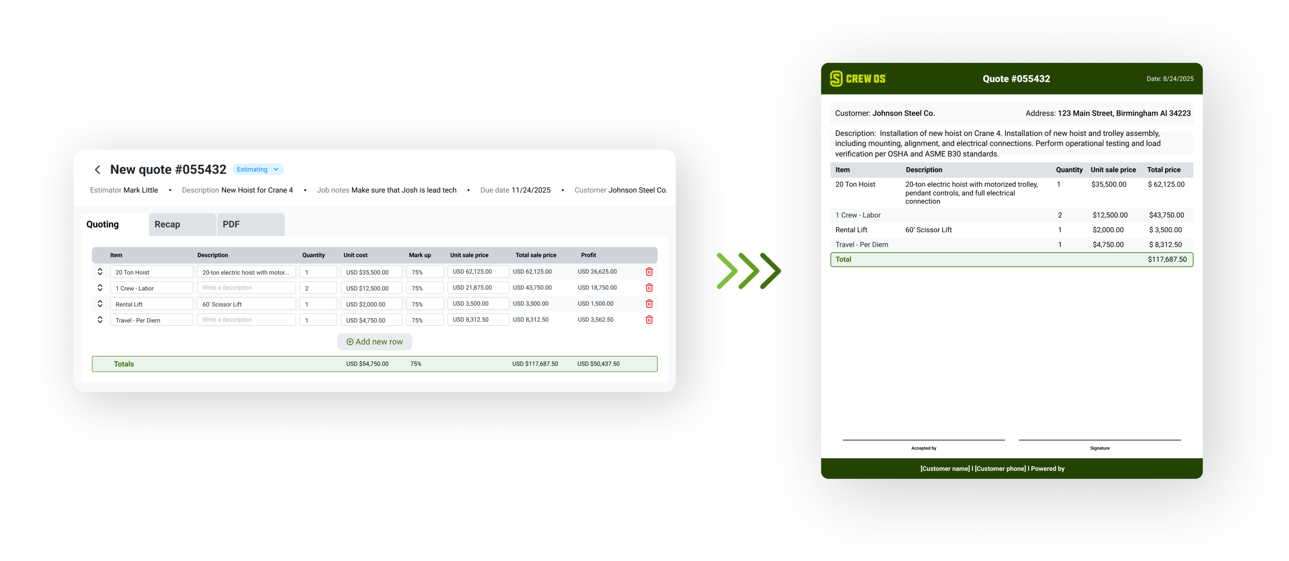 crewOS quoting feature