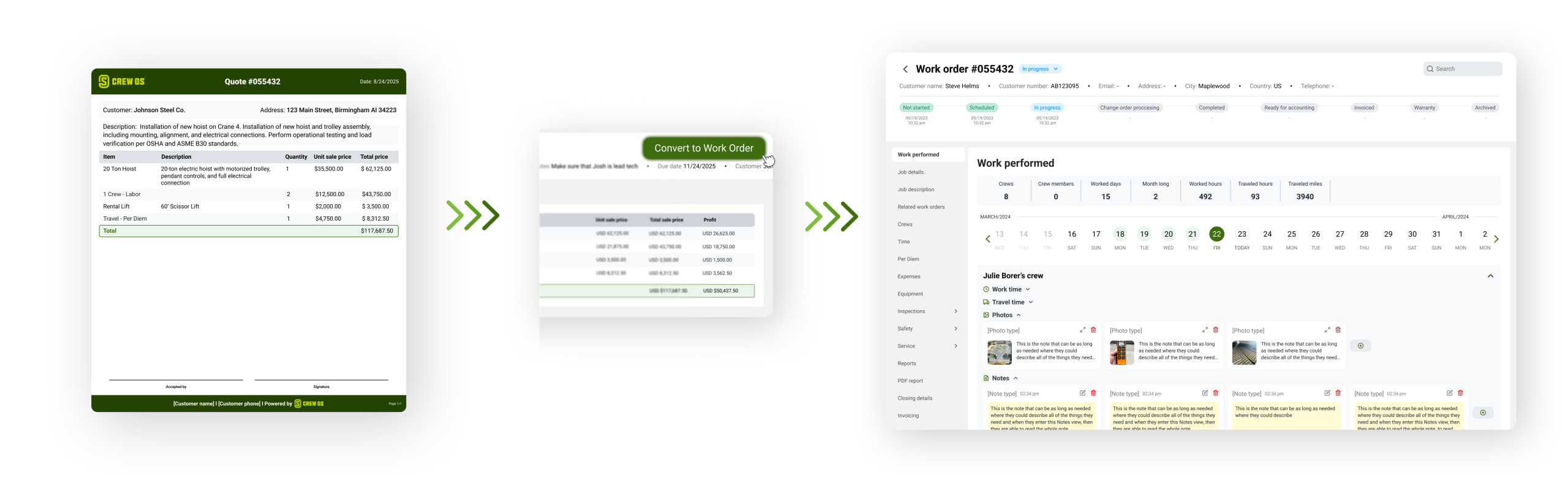 crewos quoting feature showing a quote to work order conversion