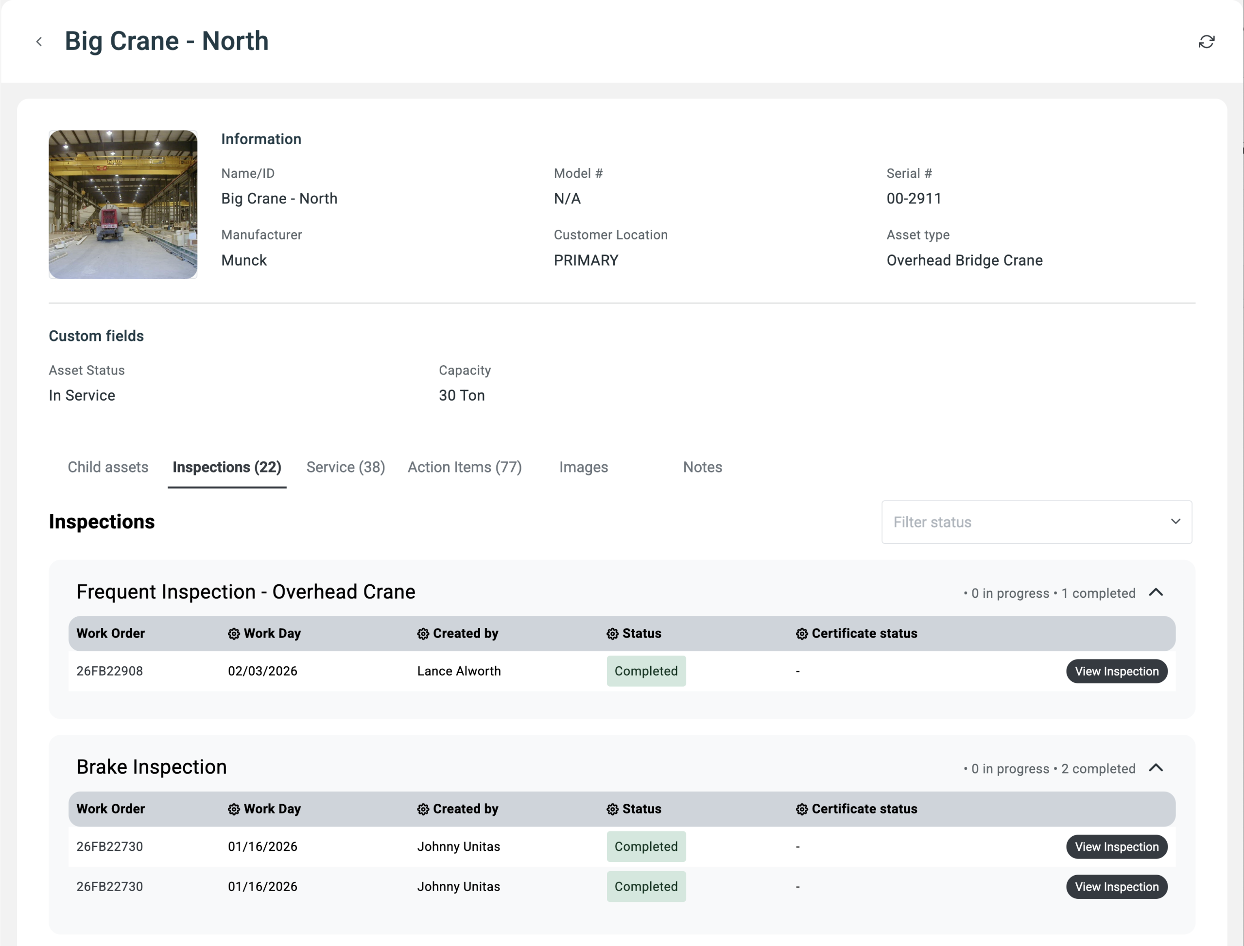 Asset detail and service history in the crewOS Customer Portal