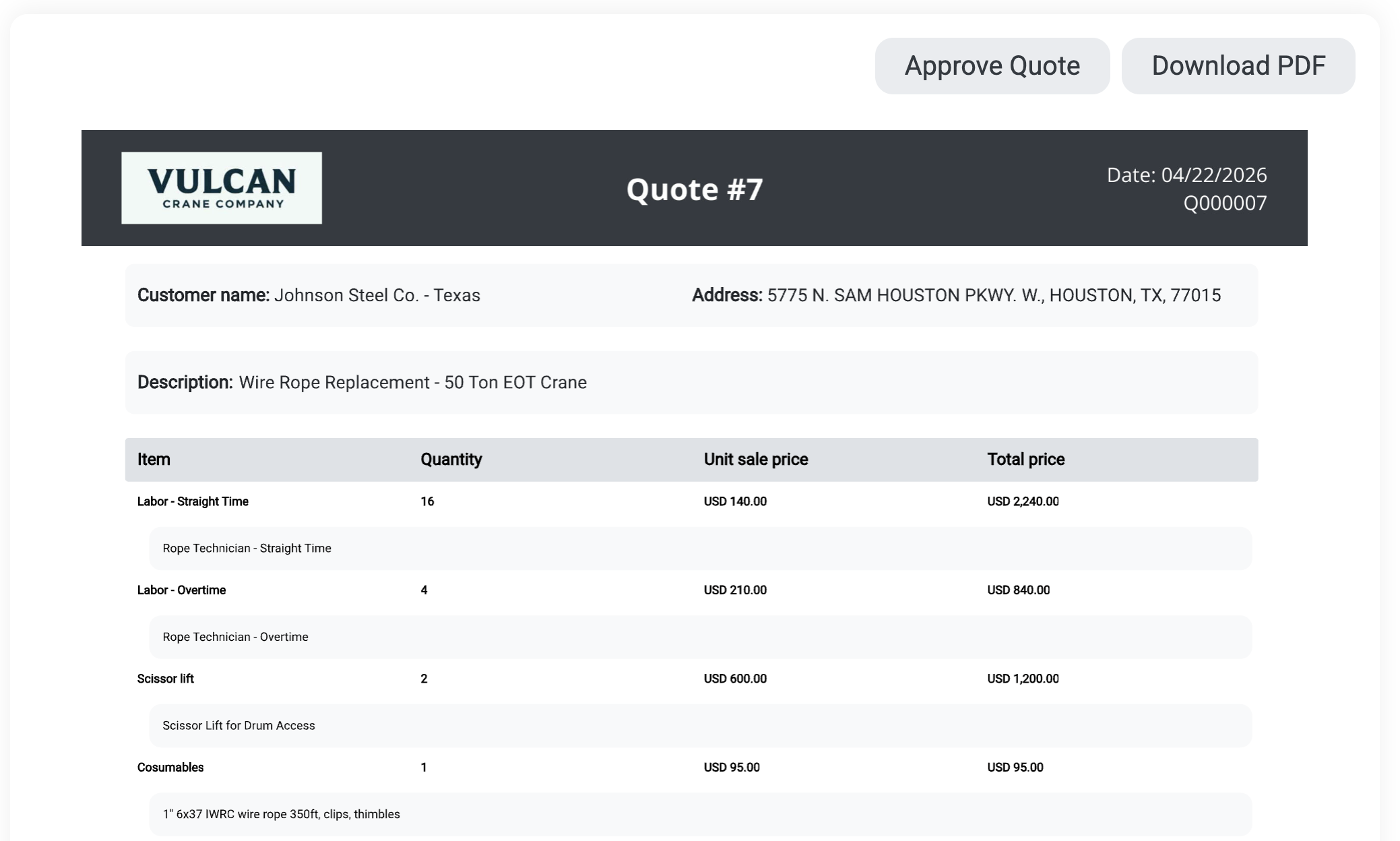 Quote approval view in the crewOS Customer Portal