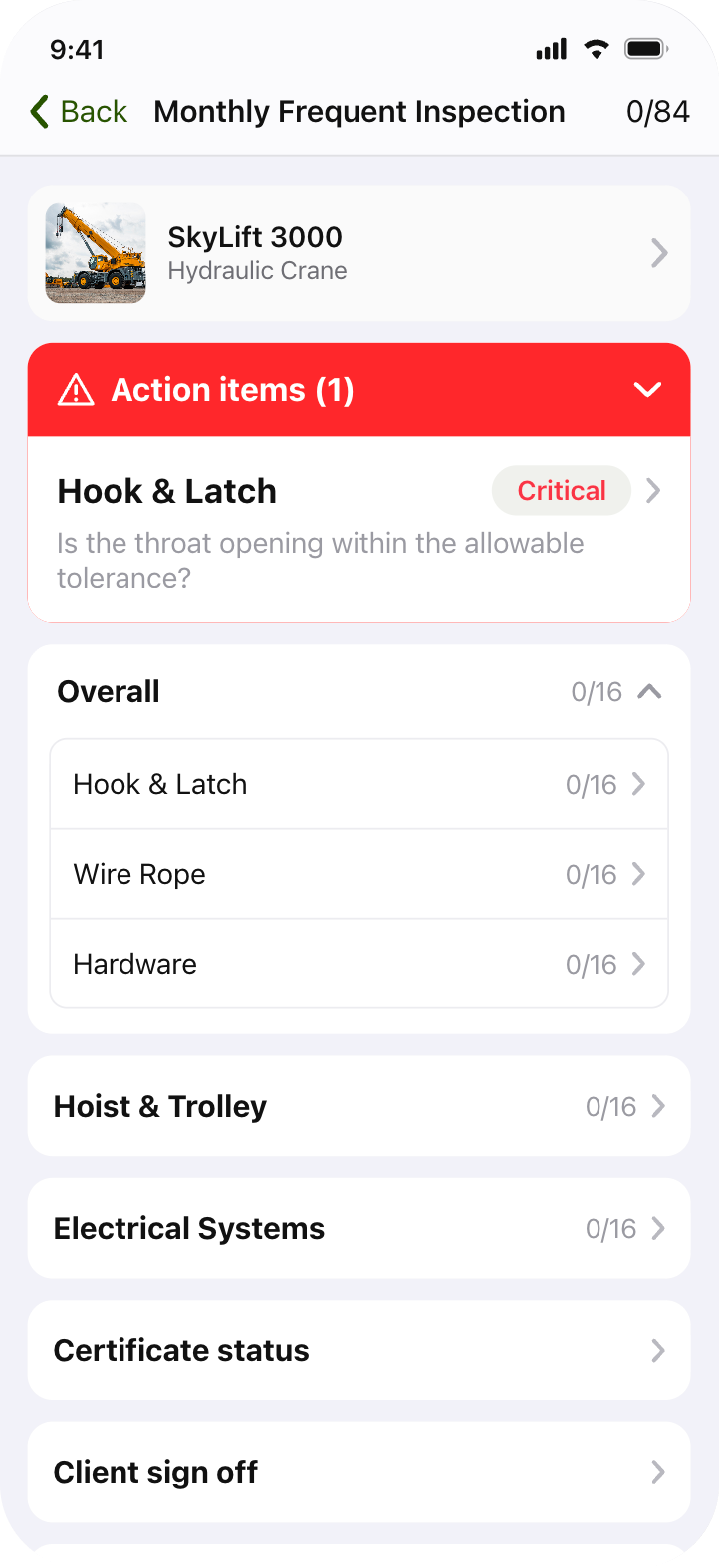 crewOS app showing a flagged inspection finding converted into an action item