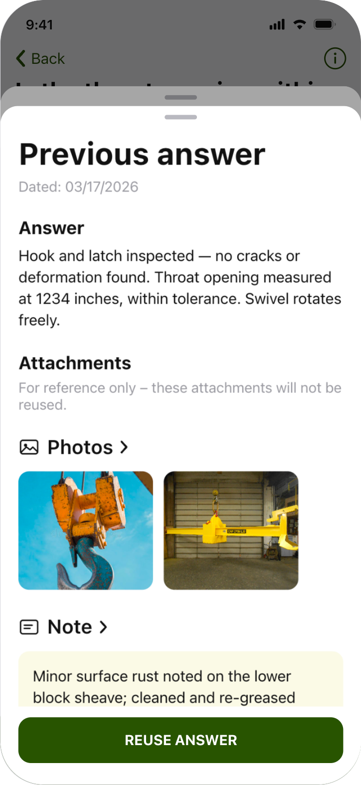 crewOS app showing the answer history of previous inspection ratings for an asset