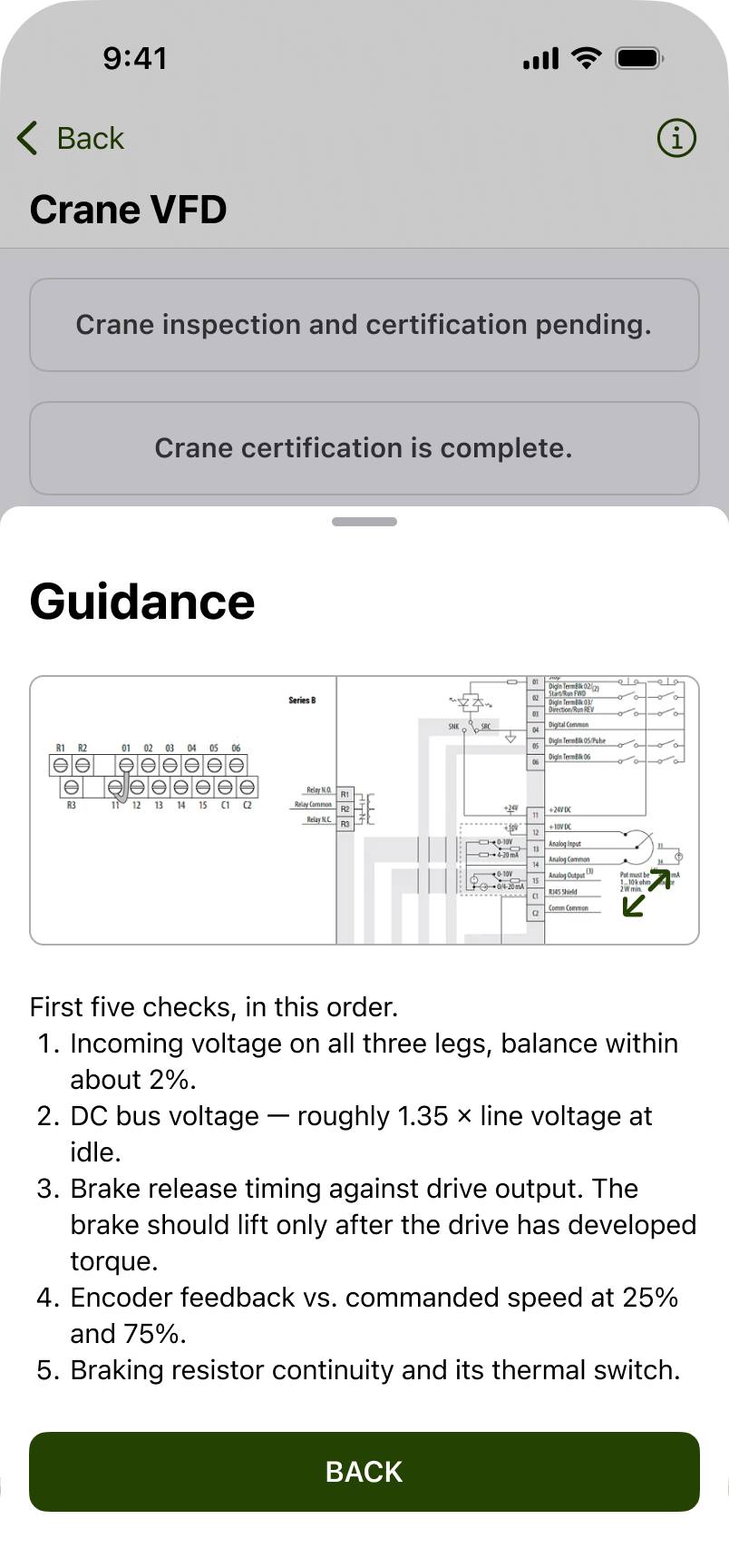 crewOS Guidance app showing regulatory references and manuals attached to an inspection question