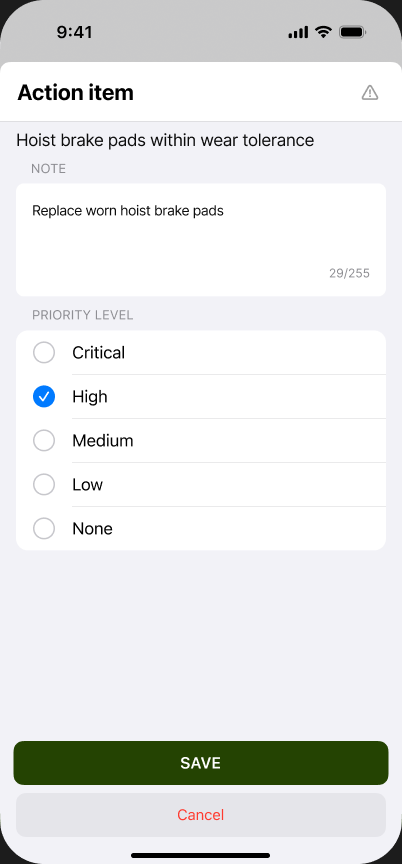 crewOS mobile app action item screen showing a note and five priority levels, Critical through None, with High selected