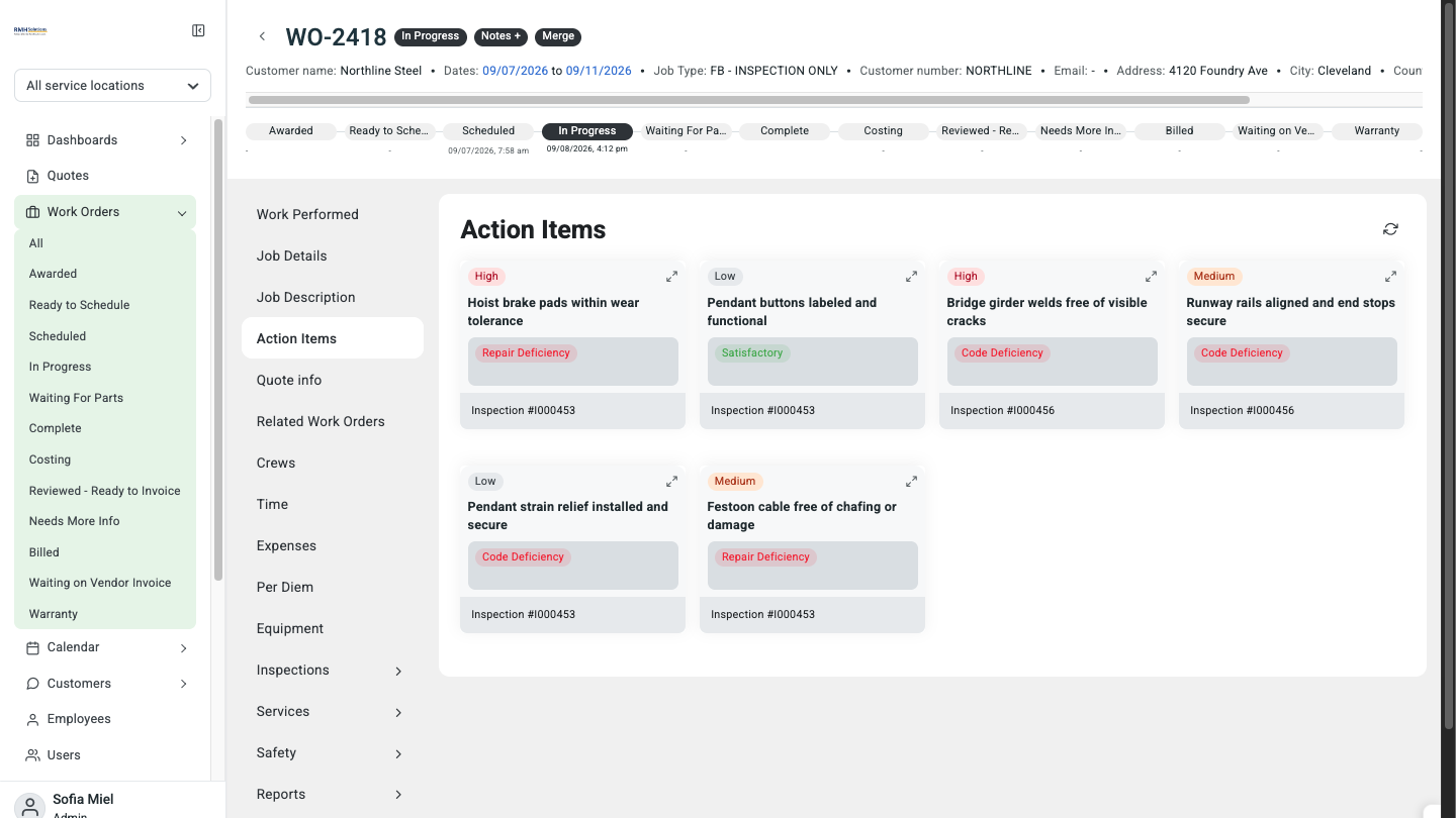 crewOS work order Action Items section showing six flagged items from two different inspections with priority and deficiency type on each