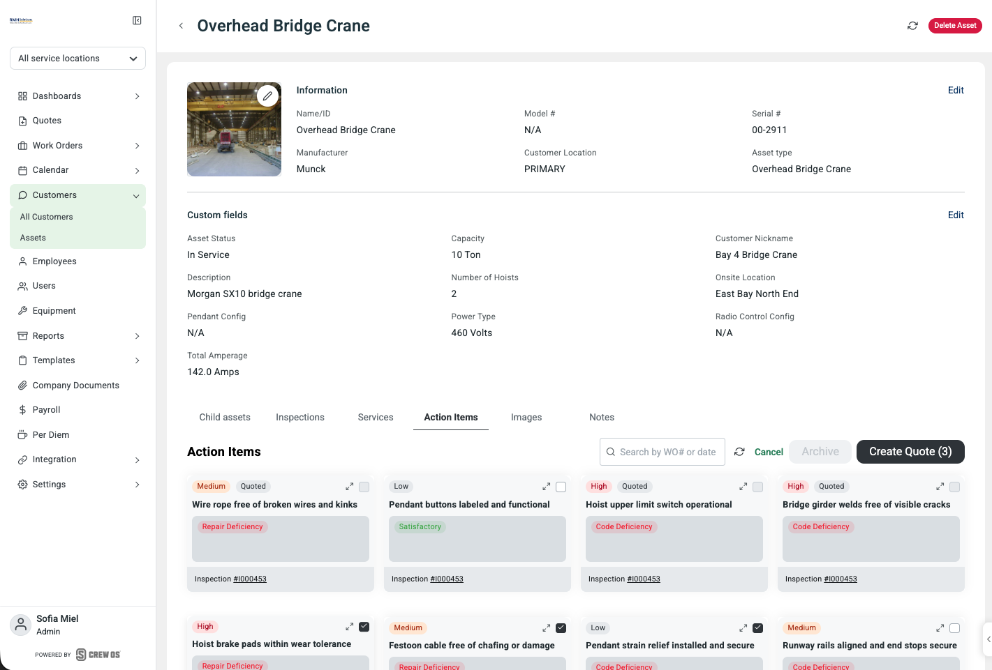 crewOS asset detail with three action items selected and a Create Quote button showing the count, and Quoted badges on items already sold