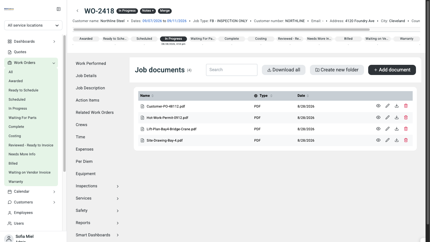 crewOS Job Documents under a work order holding the customer PO, hot work permit, lift plan and site drawing