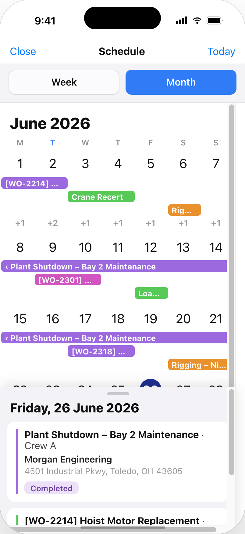 crewOS mobile schedule in month view with a multi-day plant shutdown spanning several days and a day detail sheet open below