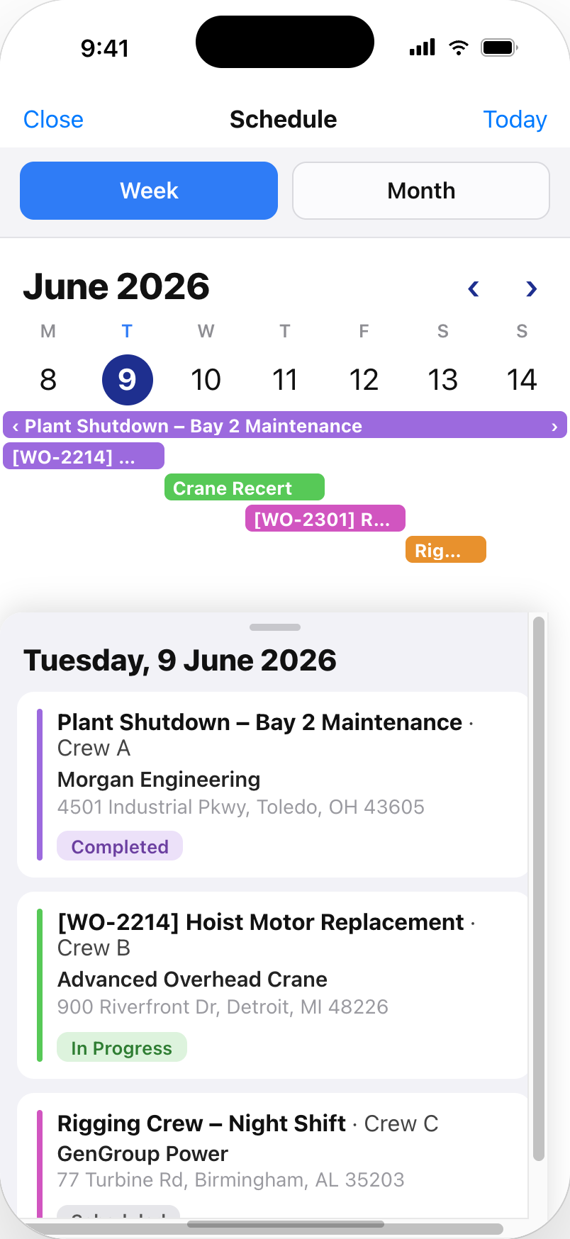 crewOS mobile schedule in week view showing three jobs for one day with the assigned crew, customer, site address and status