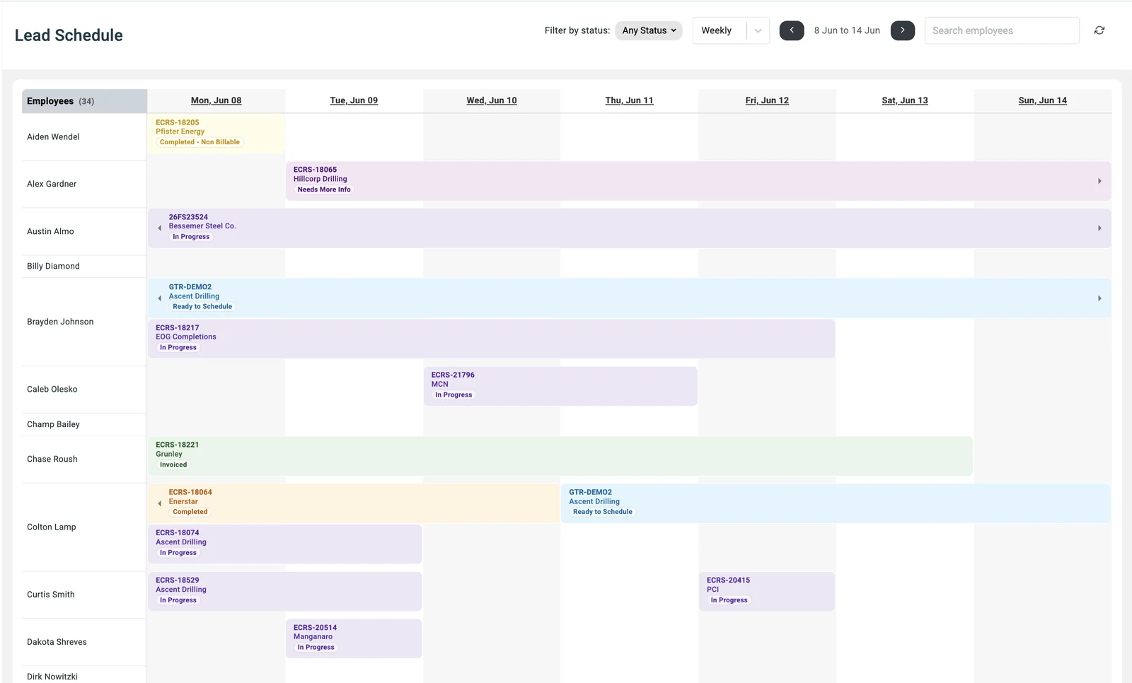 crewOS lead schedule showing a week of crew assignments across jobs, in use on an industrial field service site