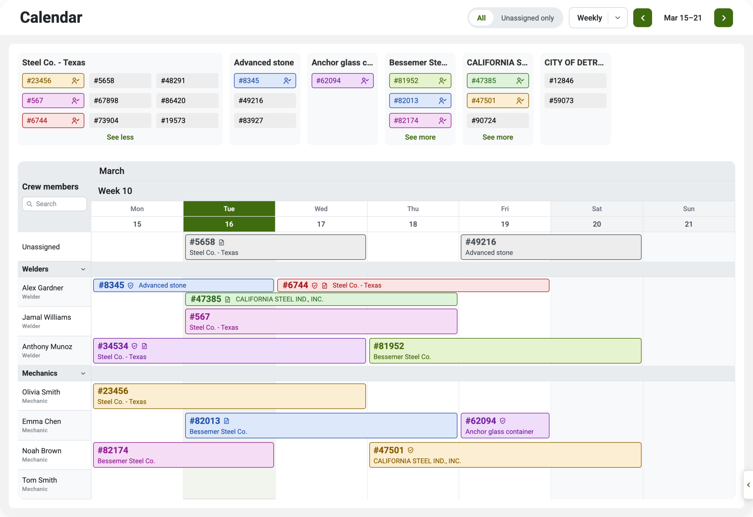 The rebuilt crewOS scheduling calendar showing a full week, crews grouped by role, a backlog of jobs by customer and multi-day jobs spanning the week