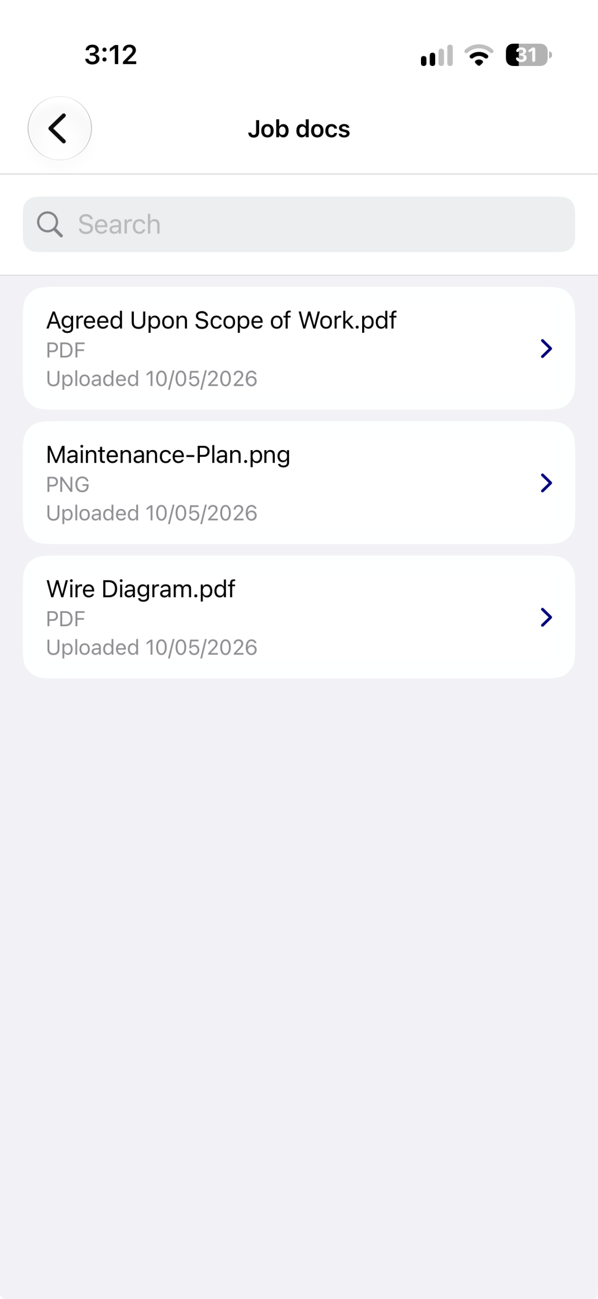 The Job docs screen in the crewOS app listing an agreed scope of work, a maintenance plan and a wiring diagram, each with file type and upload date, under a search bar