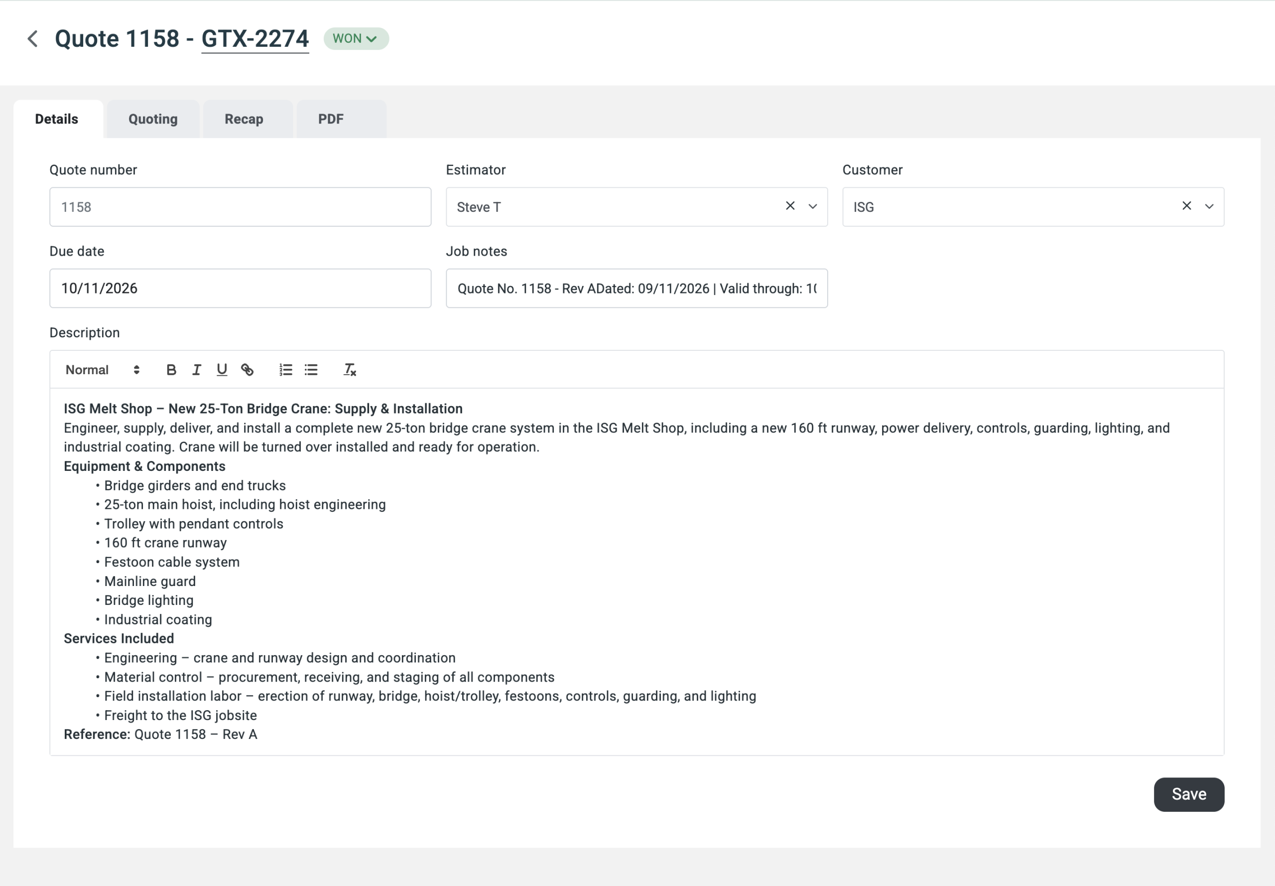 The crewOS quote Details tab for a won quote, with estimator, customer, due date, job notes and a formatted scope of work for a new 25-ton bridge crane install listing equipment, components and services included