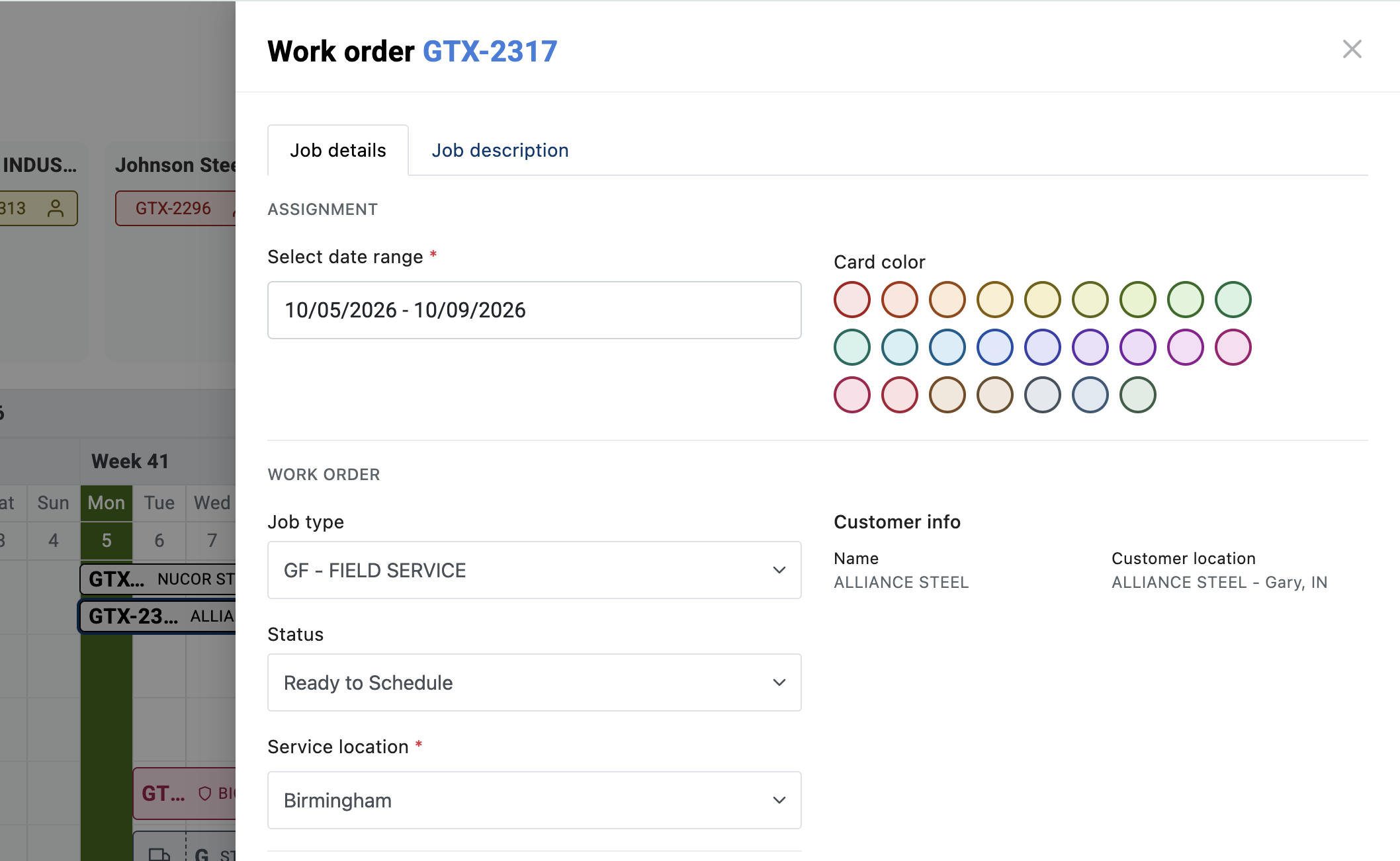 A work order slide-over on the crewOS scheduling calendar with the date range, card color, job type, Ready to Schedule status, service location and customer info, opened over the week view