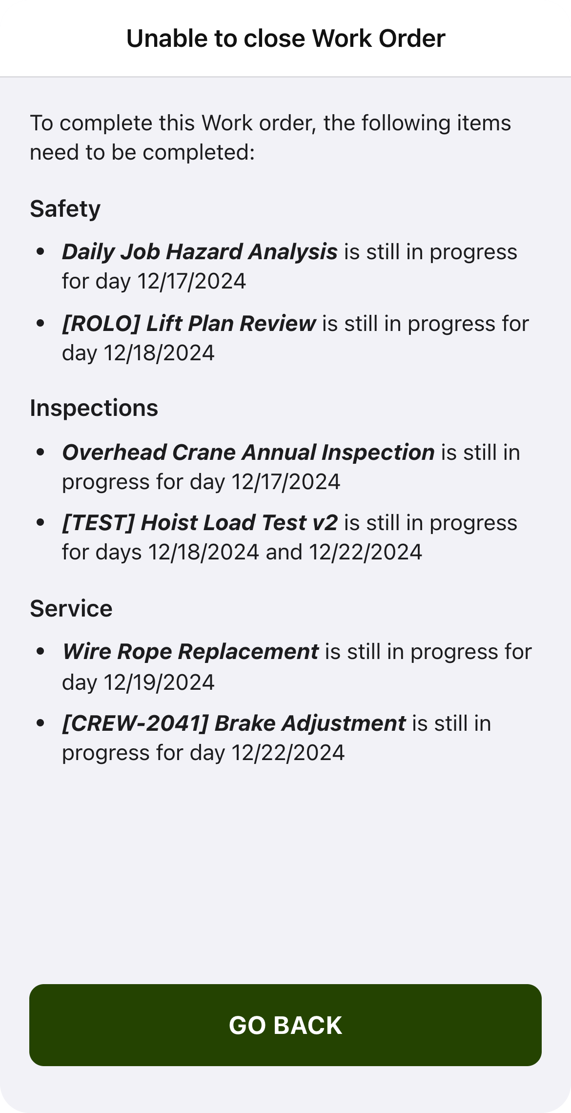 The crewOS app blocking a work order from closing, listing the unfinished safety forms, inspections and services by name and day